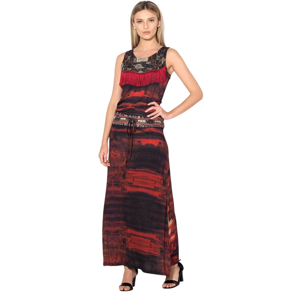 Desigual Y2K Red Black Tie Dye Patchwork Maxi Dress Red Fringe Tie Waist Large
